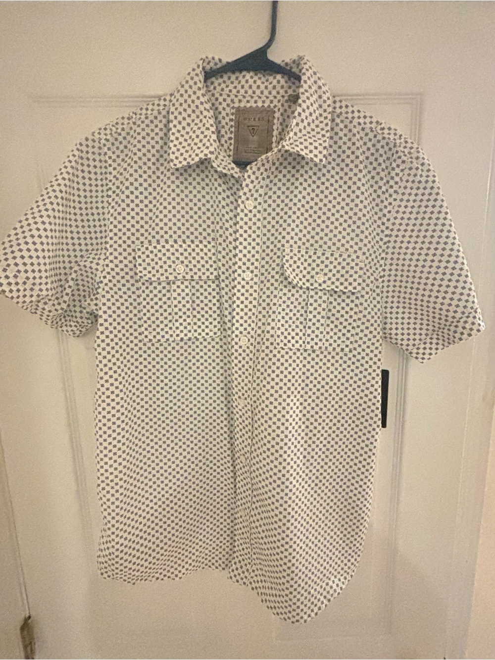 Guess Men's Short-Sleeve Button-Down Shirt - White with Navy Microprint
